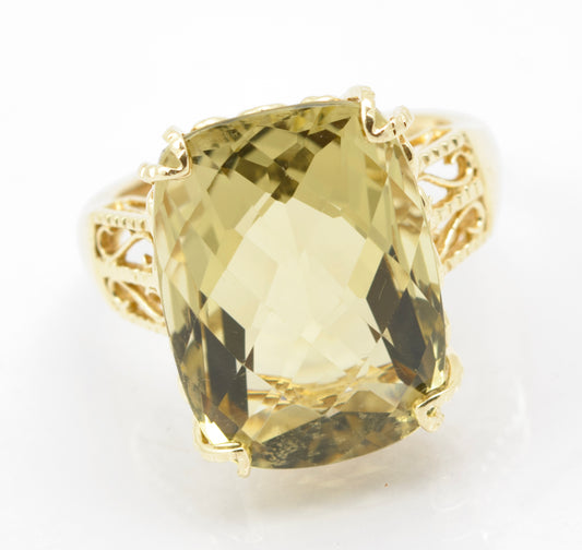 10K Yellow Gold Statement Ring With Large 15 Carat Citrine & Filigree Mount Sz M (B2547)