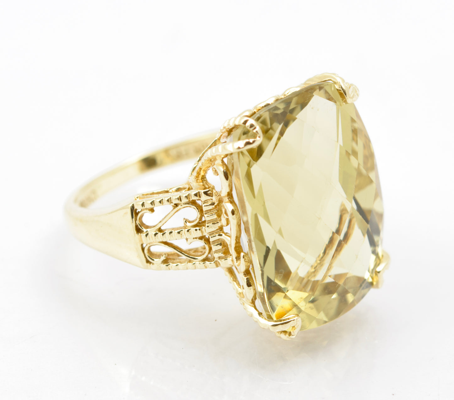 10K Yellow Gold Statement Ring With Large 15 Carat Citrine & Filigree Mount Sz M (B2547)