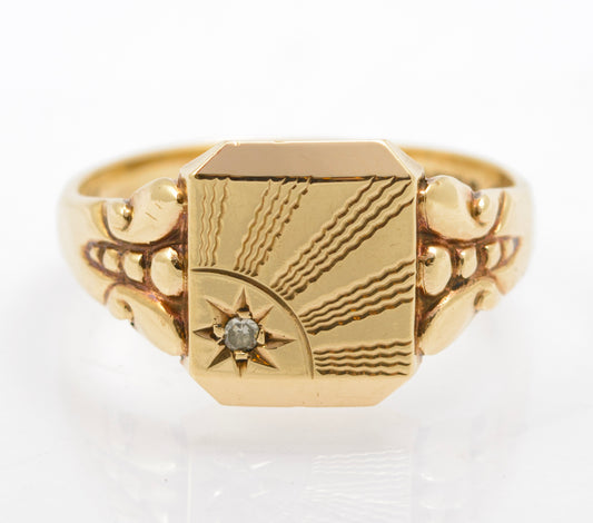 Vintage Men's 9ct Gold & Diamond Sunbeam Signet Ring Size V Hallmarked 1970 (B2548)