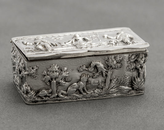 Antique Victorian Sterling Silver Pill/Snuff Box Fox & Stork + Tavern Scene (B2572)