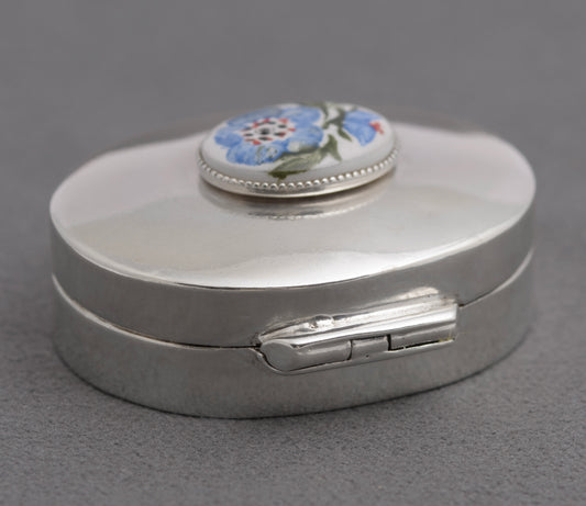Vintage Sterling Silver Pill Box With Hand Painted Ceramic Flower Panel (B2584)
