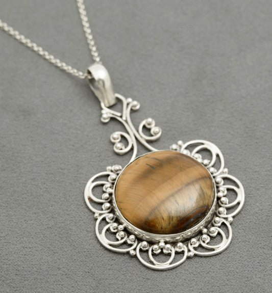 Vintage Sterling Silver & Large Natural Tigers Eye Cabochon Pendant Necklace (B2586)