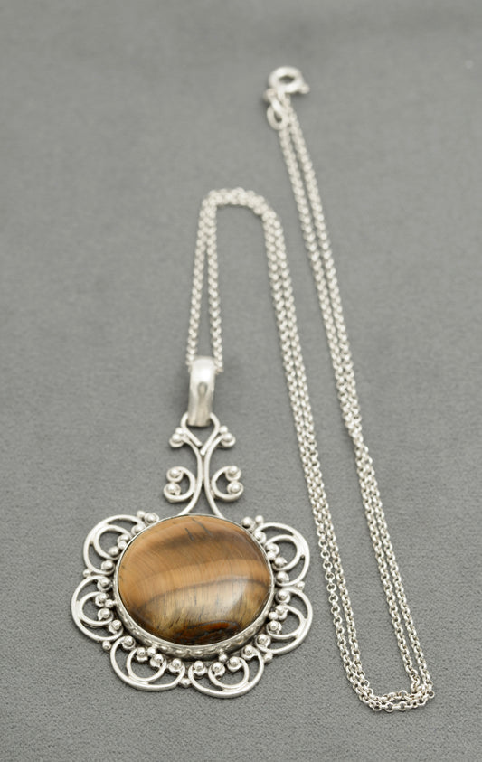 Vintage Sterling Silver & Large Natural Tigers Eye Cabochon Pendant Necklace (B2586)