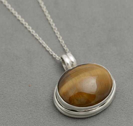 Vintage 925 Sterling Silver Large Tigers Eye Cabochon Pendant Necklace (B2587)
