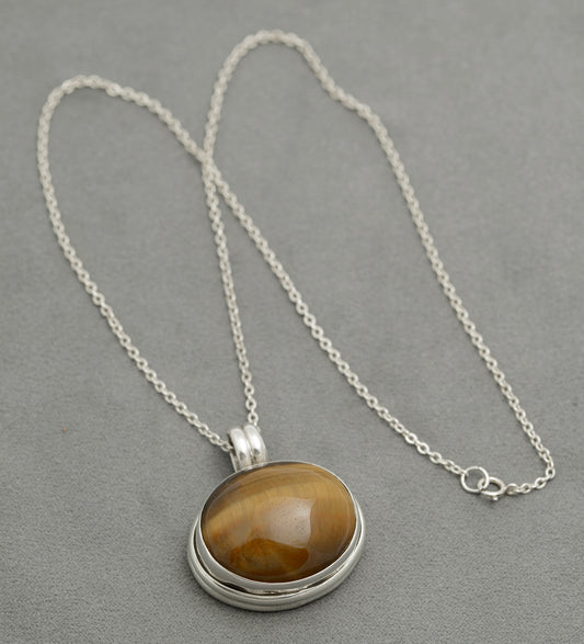 Vintage 925 Sterling Silver Large Tigers Eye Cabochon Pendant Necklace (B2587)