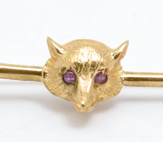 Vintage 9ct Gold Fox & Riding Crop Bar Brooch With Ruby Eyes Hallmarked 1962 (B2590)