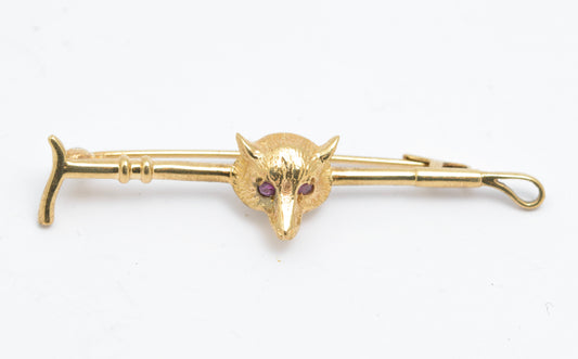 Vintage 9ct Gold Fox & Riding Crop Bar Brooch With Ruby Eyes Hallmarked 1962 (B2590)