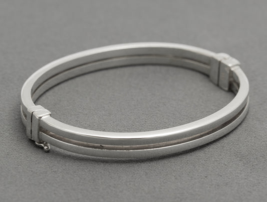 Vintage 925 Sterling Silver Hinged Bangle Double Bar Design 1980's Retro (B2604)