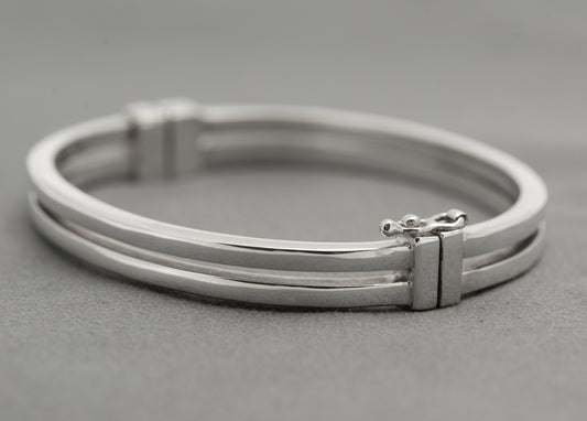 Vintage 925 Sterling Silver Hinged Bangle Double Bar Design 1980's Retro (B2604)