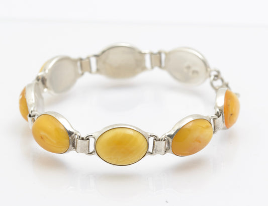 Vintage Polish Sterling Silver & Natural Egg Yolk Amber Cabochon Bracelet (B2609)