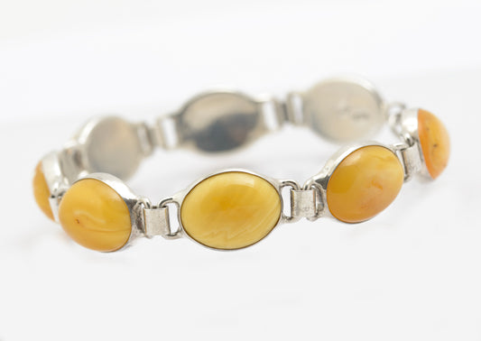 Vintage Polish Sterling Silver & Natural Egg Yolk Amber Cabochon Bracelet (B2609)
