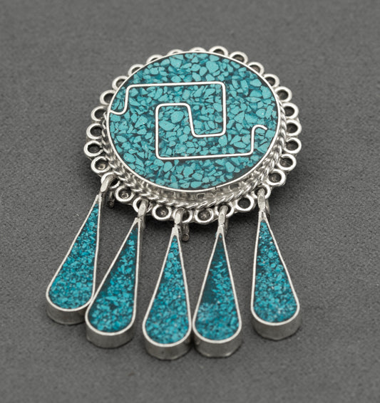 Vintage Mexican Taxco Sterling Silver & Turquoise Brooch/Pendant With Droppers (B2625)