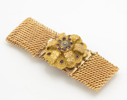 Antique Georgian Cuff Bracelet Pinchbeck Band Gold Plated & Glass Gems Clasp (B2633)