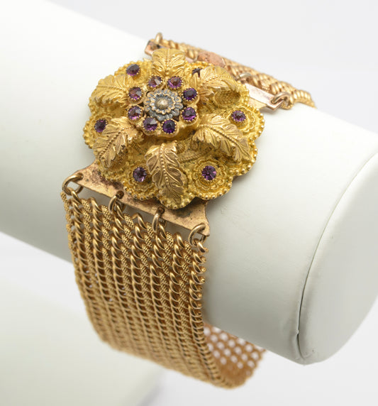Antique Georgian Cuff Bracelet Pinchbeck Band Gold Plated & Glass Gems Clasp (B2633)