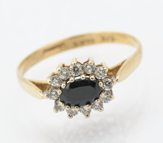 Vintage 9ct Gold & Natural Midnight Blue Sapphire Ring With CZ Halo UK Size N (B2663)