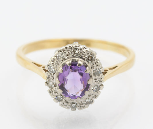 Vintage 9ct Gold & Natural Amethyst Ring With Diamond Halo UK Size N (B2665)