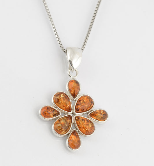 Vintage Sterling Silver & Natural Amber Pendant Necklace On Box Chain (C2702)