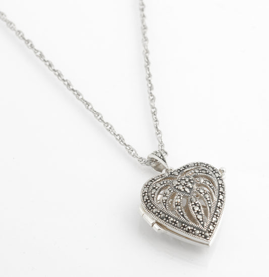 Vintage Sterling Silver & Marcasite Heart Shaped Locket Pendant Necklace c.1980s (C2709)