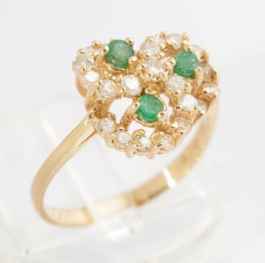 Vintage 14ct Gold Ring Natural Emerald & Diamond Multi Swirl Halo Ladies Size L (C2712)