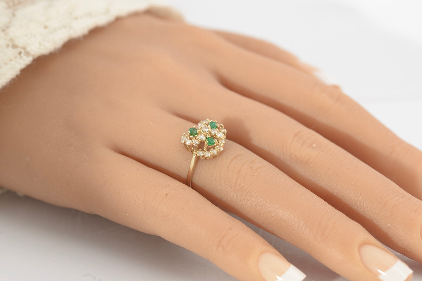 Vintage 14ct Gold Ring Natural Emerald & Diamond Multi Swirl Halo Ladies Size L (C2712)