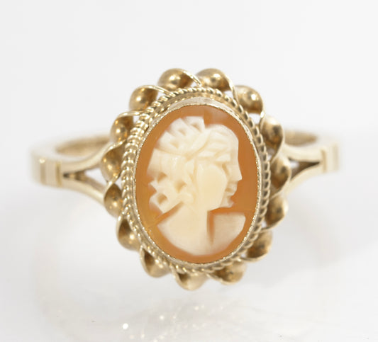 Vintage 9ct Gold Portrait Shell Cameo Ring 1970's Hallmark UK Ladies Size N (C2713)