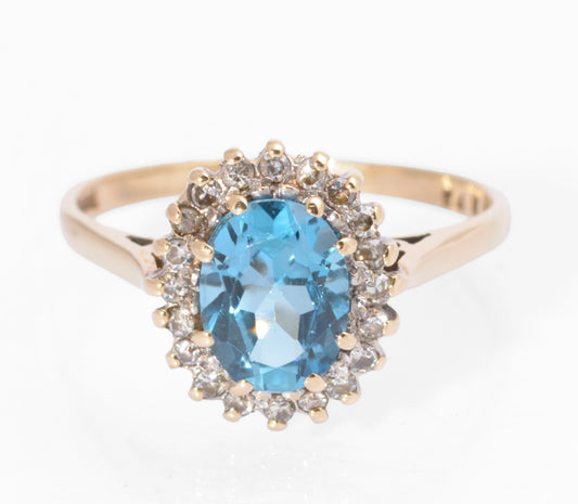 Vintage 9ct Gold Swiss Blue Natural 1.3 Carat Topaz Ring - Diamond Halo Size M (C2733)
