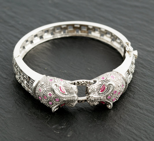 Vintage Sterling Silver Natural Ruby & Marcasite Panther Head Bangle 15cm (C2745)