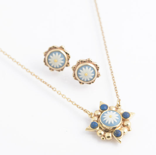 Vintage Wedgwood Sterling Silver Tri Colour Jasperware Earrings & Necklace Set (C2747)