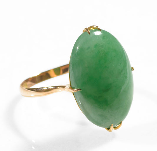Vintage 14ct 585 Rose Gold Ring With Large 13.6 Carat Green Jade Cabochon (C2772)