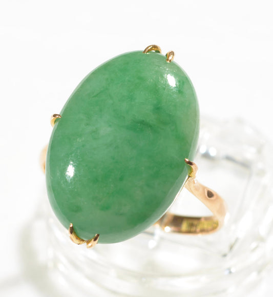 Vintage 14ct 585 Rose Gold Ring With Large 13.6 Carat Green Jade Cabochon (C2772)