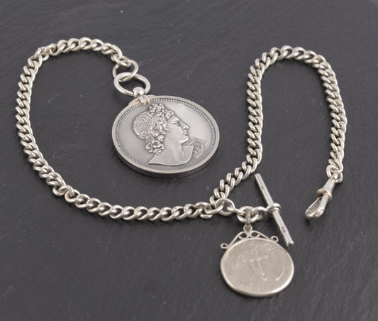Antique Sterling Silver Albert Watch Chain 1/4 Dollar & Royal Academy Medal (C2774)