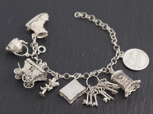 Vintage Sterling Silver Traditional Charm Bracelet 1970's - 8 Charms (C2777)