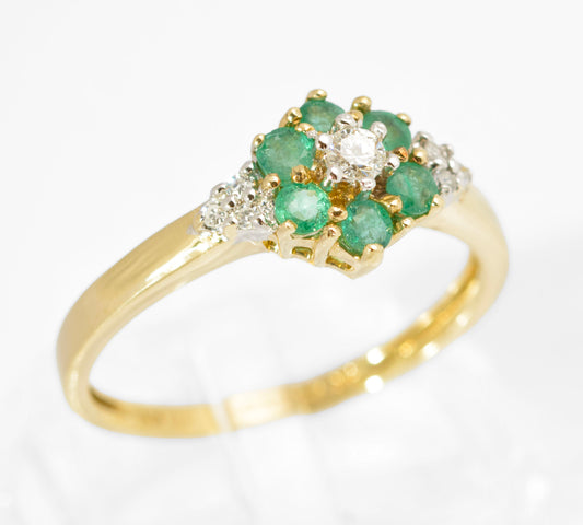 Vintage 9ct Gold Ring With Natural Diamonds & Emerald Halo Size Q1/2 Hallmarked (C2784)