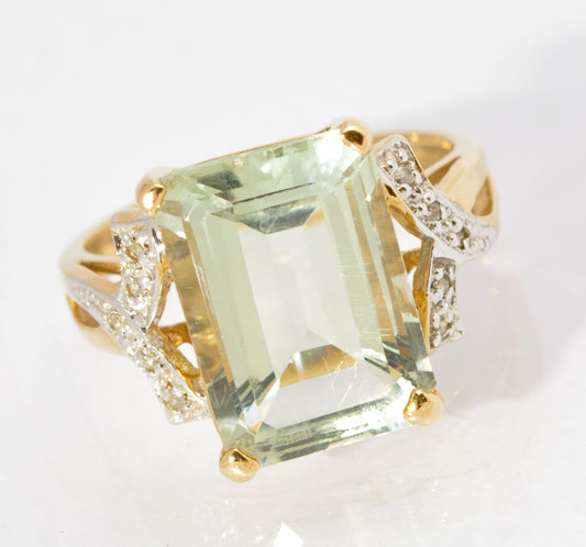 Vintage 9ct Gold Dress Ring With Large 5.5 Carat Prasiolite Gemstone & Diamonds (C2785)