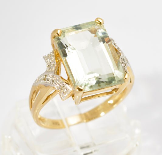 Vintage 9ct Gold Dress Ring With Large 5.5 Carat Prasiolite Gemstone & Diamonds (C2785)