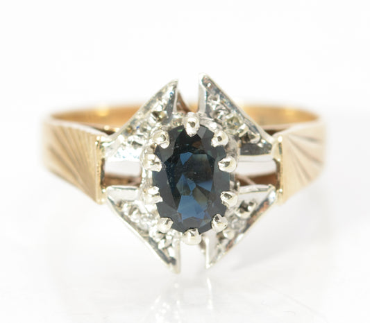 Vintage 9ct Gold Natural Sapphire & Diamond Shield Head Ring 1970's Size L1/2 (C2796)