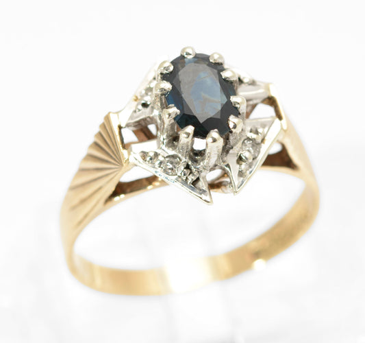 Vintage 9ct Gold Natural Sapphire & Diamond Shield Head Ring 1970's Size L1/2 (C2796)