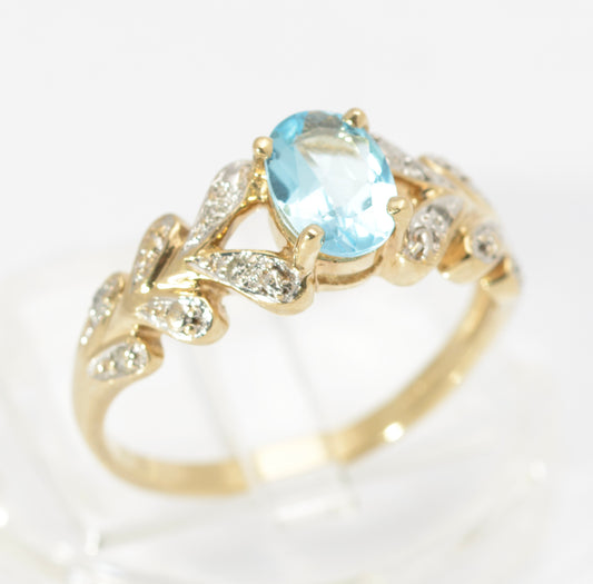 9ct Gold Natural Sky Blue Topaz & Diamond Water Drop Shoulders Ring Size M1/2 (C2797)