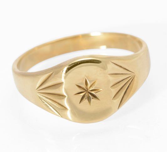 Vintage 9ct Gold Classic Signet Ring 1960's Radial Cut Shoulders Size N (C2798)