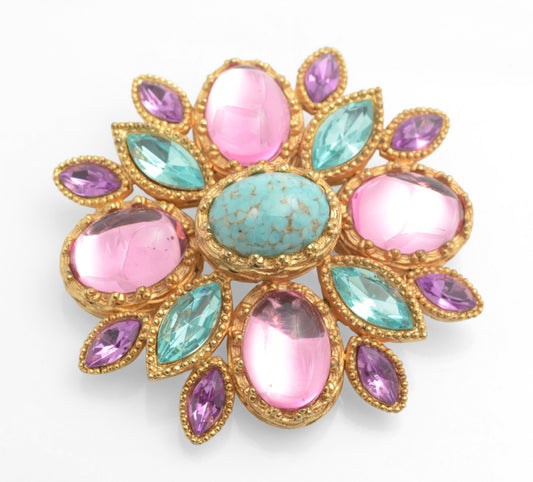 Vintage Joan Rivers Maltese Cross Large Statement Brooch Faux Turquoise 1980's (C2810)