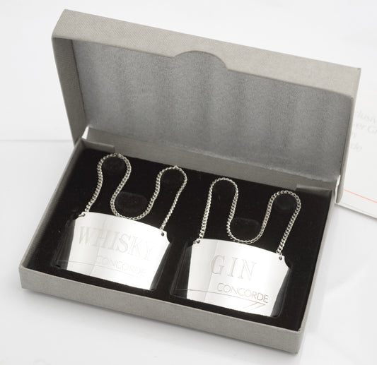 2 x Vintage Concorde Sterling Silver Decanter Labels Whisky / Gin - Boxed (C2813)