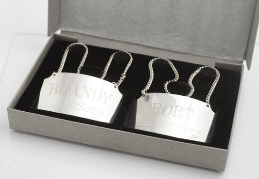 2 Vintage Sterling Silver Concorde Decanter Labels Brandy & Port - Boxed (C2814)