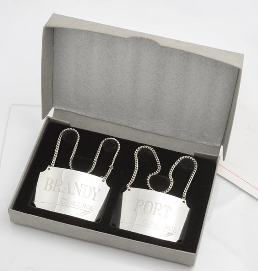2 Vintage Sterling Silver Concorde Decanter Labels Brandy & Port - Boxed (C2814)