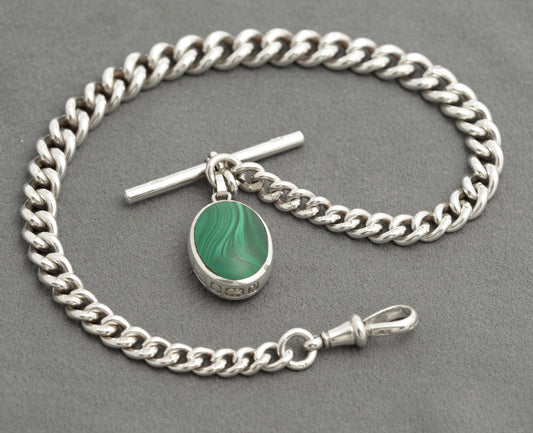 Antique Sterling Silver Watch Chain With David Scott Walker Blue John Fob (C2823)