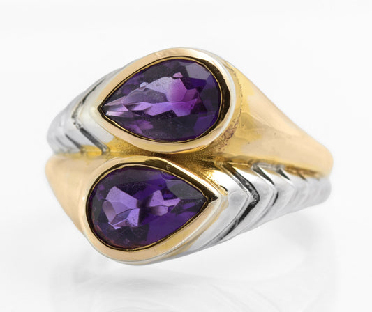 Vintage Sterling Silver Natural Amethyst & Gold Highlight Twin Head Ring Size O (C2827)