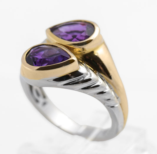 Vintage Sterling Silver Natural Amethyst & Gold Highlight Twin Head Ring Size O (C2827)