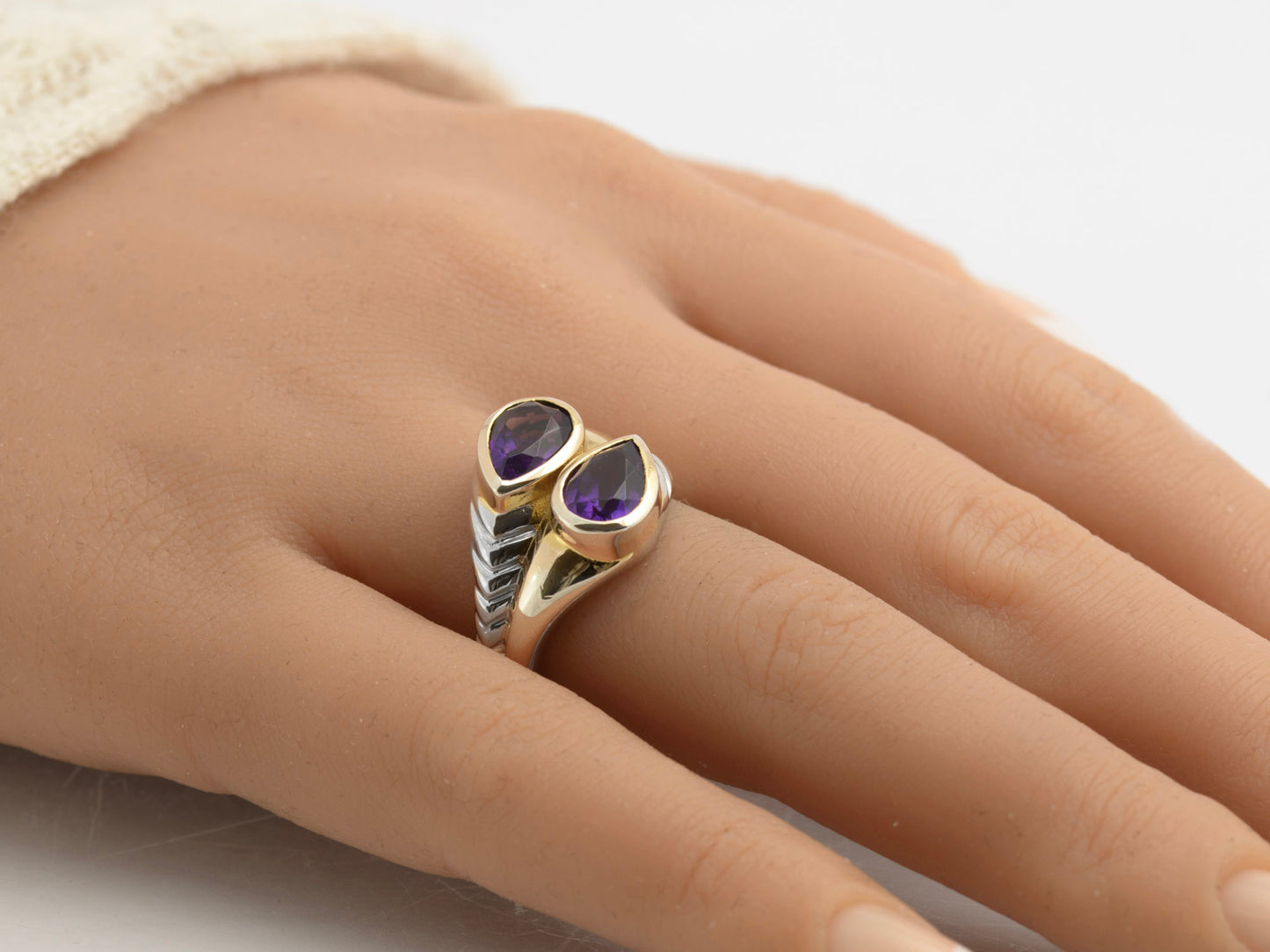 Vintage Sterling Silver Natural Amethyst & Gold Highlight Twin Head Ring Size O (C2827)