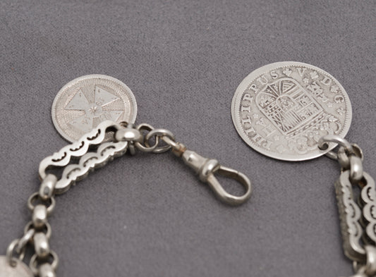 Antique Victorian White Metal Fancy Link Coin Bracelet Converted Watch Chain (C2836)