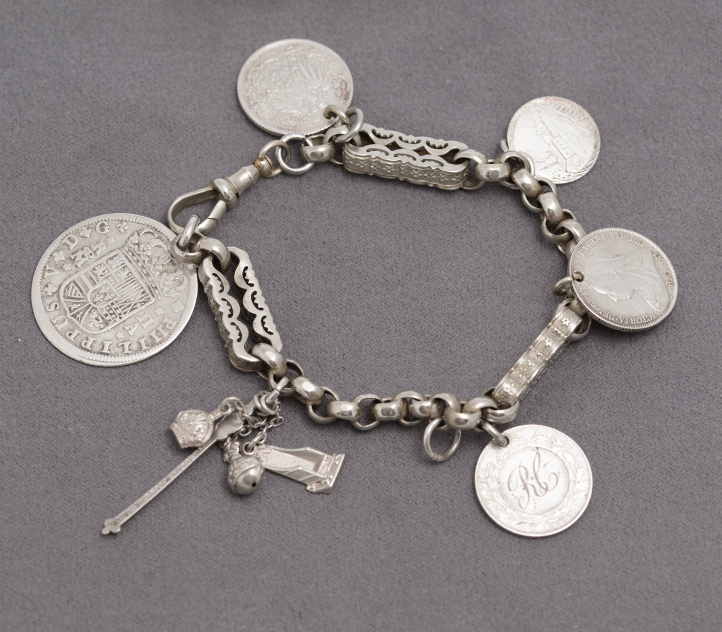 Antique Victorian White Metal Fancy Link Coin Bracelet Converted Watch Chain (C2836)