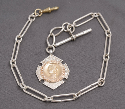 Antique Edwardian Sterling Silver Trombone Link Watch Chain & Fob (C2834)